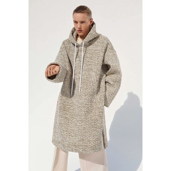 St. John Long Hoodie Sweater Bouclé In Ecru Melange Tweed Knit Hooded Sweatshirt - Picture 16 of 17